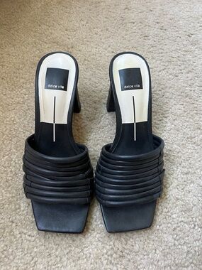 Dolce Vita Black Ribbed Strap Square Toe Block Heel Mules